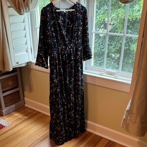 Floral Wrap Maxi Dress in Black with Red & Blue Accents